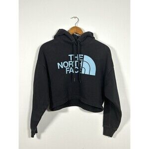 The North Face Women’s Cropped Hoodie XS Black Blue Logo Pullover Sweatshirt